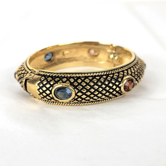 Vintage Cabot Gold Tone Jeweled Hinged Clamper Bracelet - Picture 2 of 8